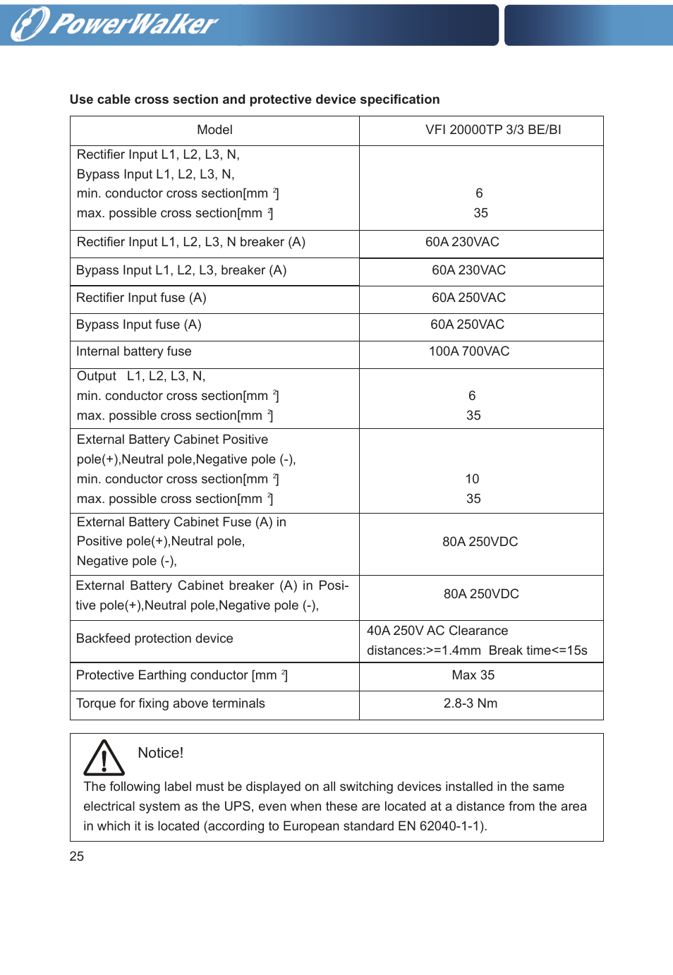 Notice | PowerWalker VFI 20000TP 3_3 BE User Manual | Page 30 / 60