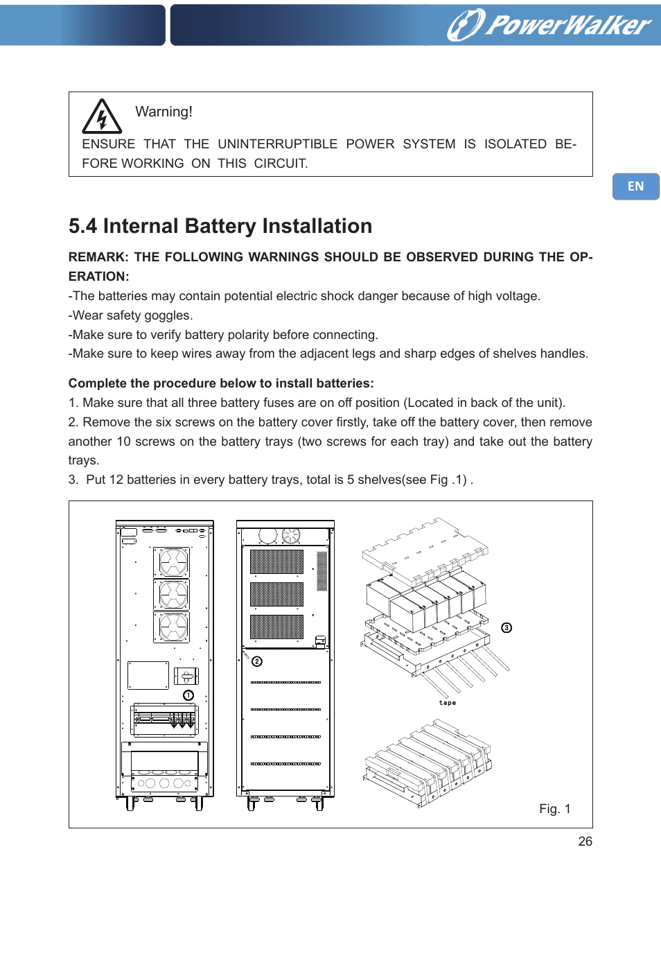 4 internal battery installation | PowerWalker VFI 20000TP 3_3 BE User Manual | Page 31 / 60