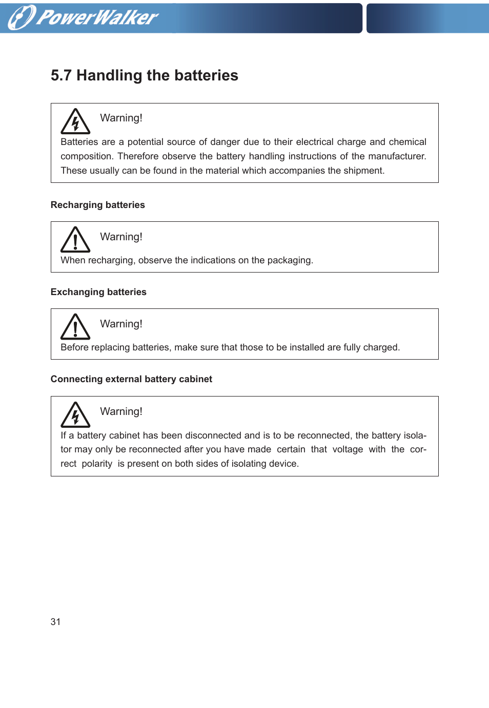 7 handling the batteries | PowerWalker VFI 20000TP 3_3 BE User Manual | Page 36 / 60