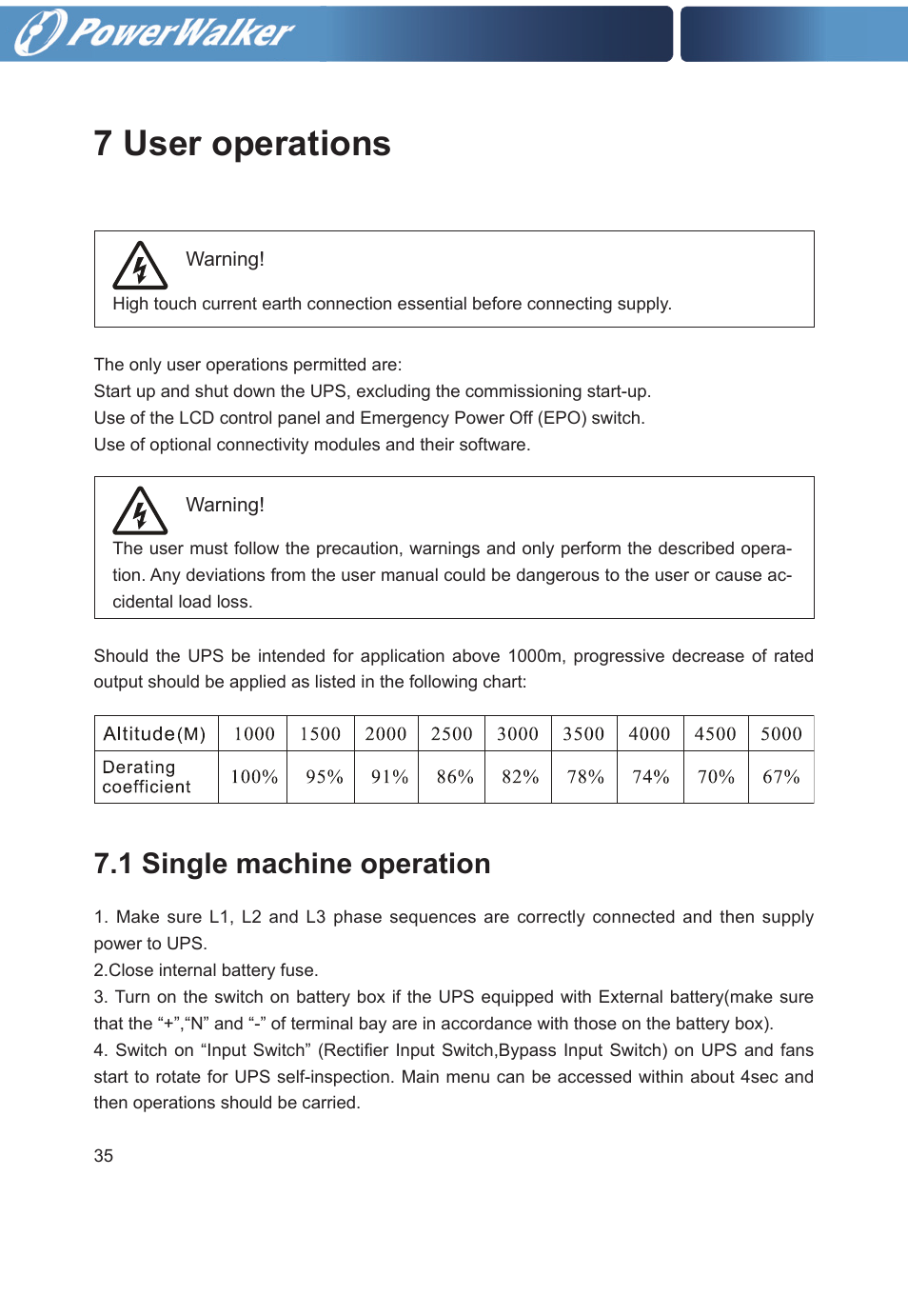 7 user operations, 1 single machine operation | PowerWalker VFI 20000TP 3_3 BE User Manual | Page 40 / 60