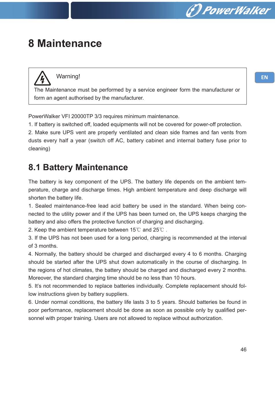 8 maintenance, 1 battery maintenance | PowerWalker VFI 20000TP 3_3 BE User Manual | Page 51 / 60