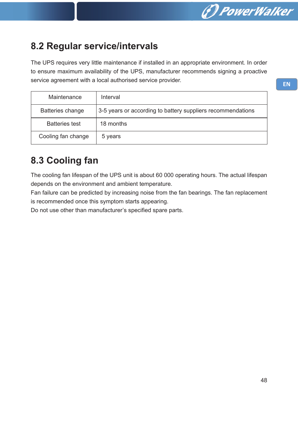 2 regular service/intervals, 3 cooling fan | PowerWalker VFI 20000TP 3_3 BE User Manual | Page 53 / 60