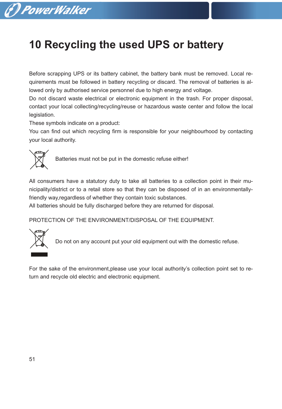 10 recycling the used ups or battery | PowerWalker VFI 20000TP 3_3 BE User Manual | Page 56 / 60