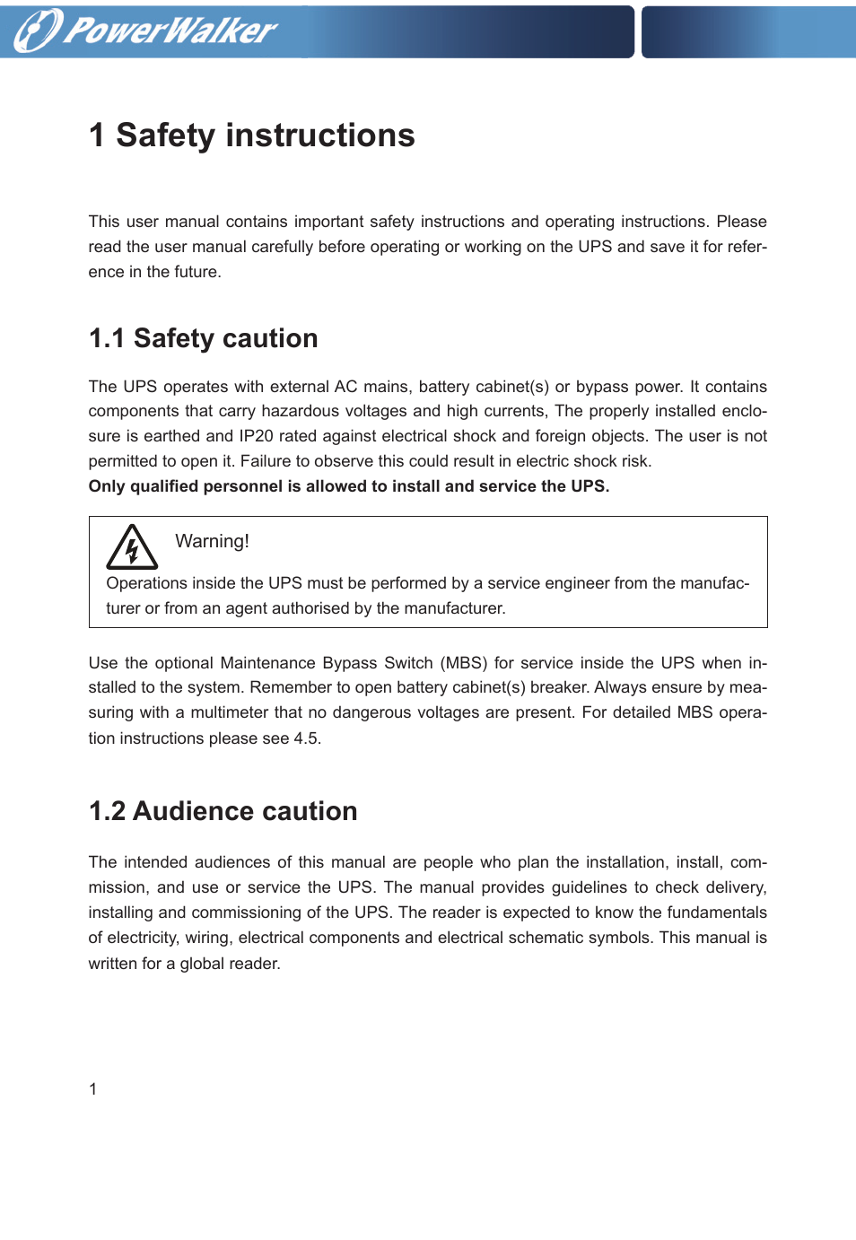 1 safety instructions, 1 safety caution, 2 audience caution | PowerWalker VFI 20000TP 3_3 BE User Manual | Page 6 / 60