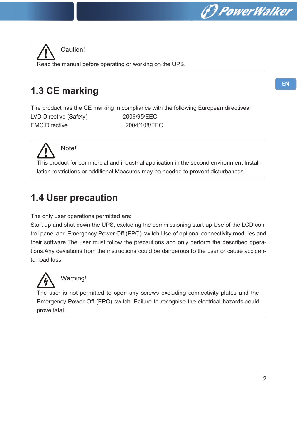 3 ce marking, 4 user precaution | PowerWalker VFI 20000TP 3_3 BE User Manual | Page 7 / 60
