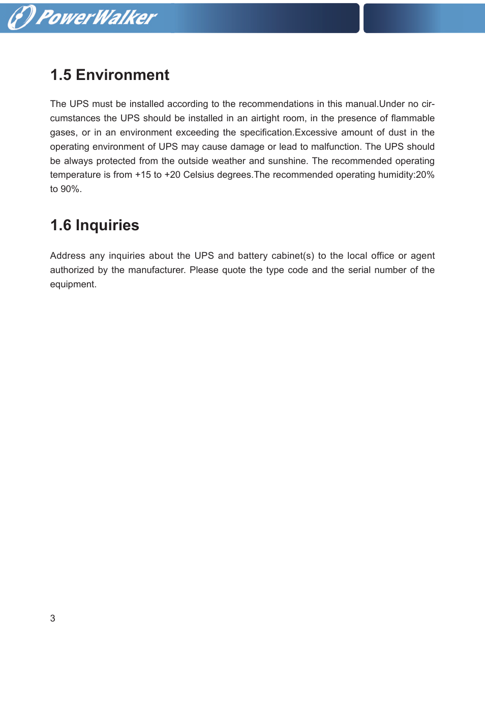 5 environment, 6 inquiries | PowerWalker VFI 20000TP 3_3 BE User Manual | Page 8 / 60