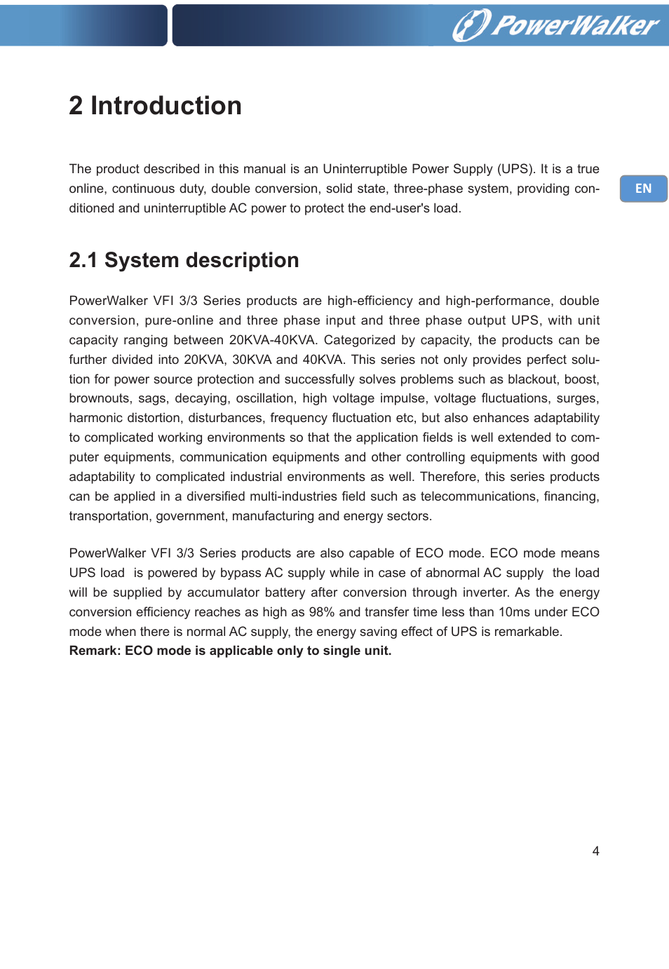 2 introduction, 1 system description | PowerWalker VFI 20000TP 3_3 BE User Manual | Page 9 / 60