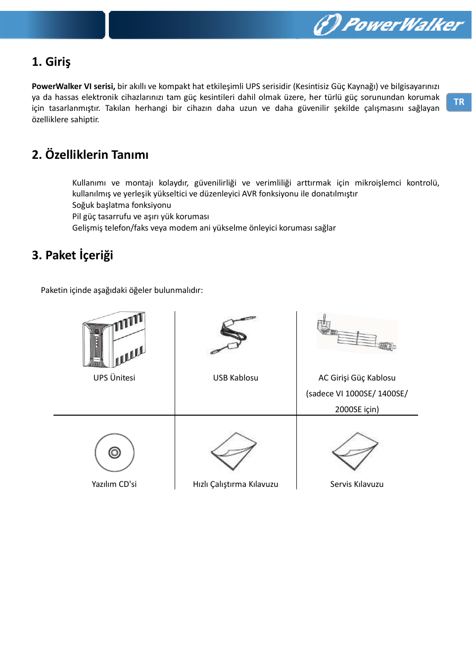 Giriş, Özelliklerin tanımı, Paket içeriği | PowerWalker VI 400 SE User Manual | Page 103 / 220