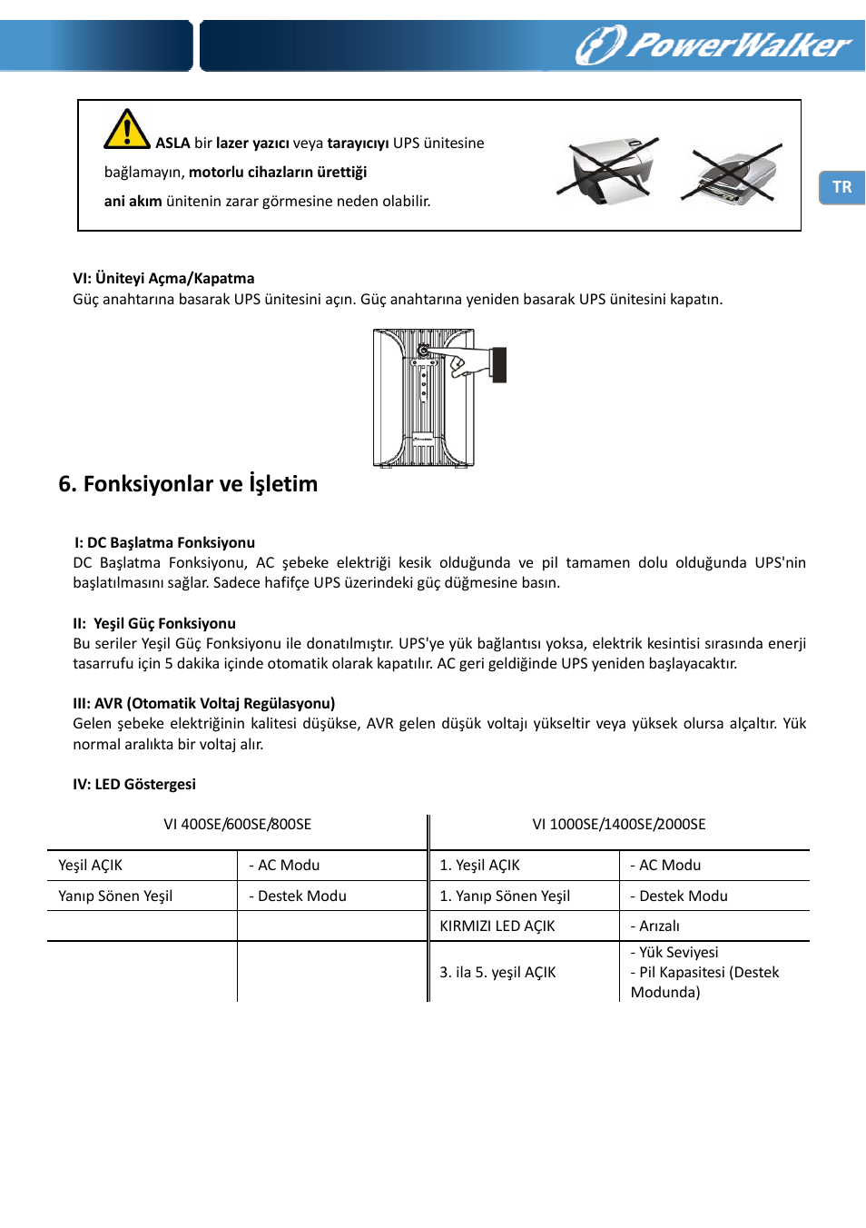 Fonksiyonlar ve işletim | PowerWalker VI 400 SE User Manual | Page 107 / 220