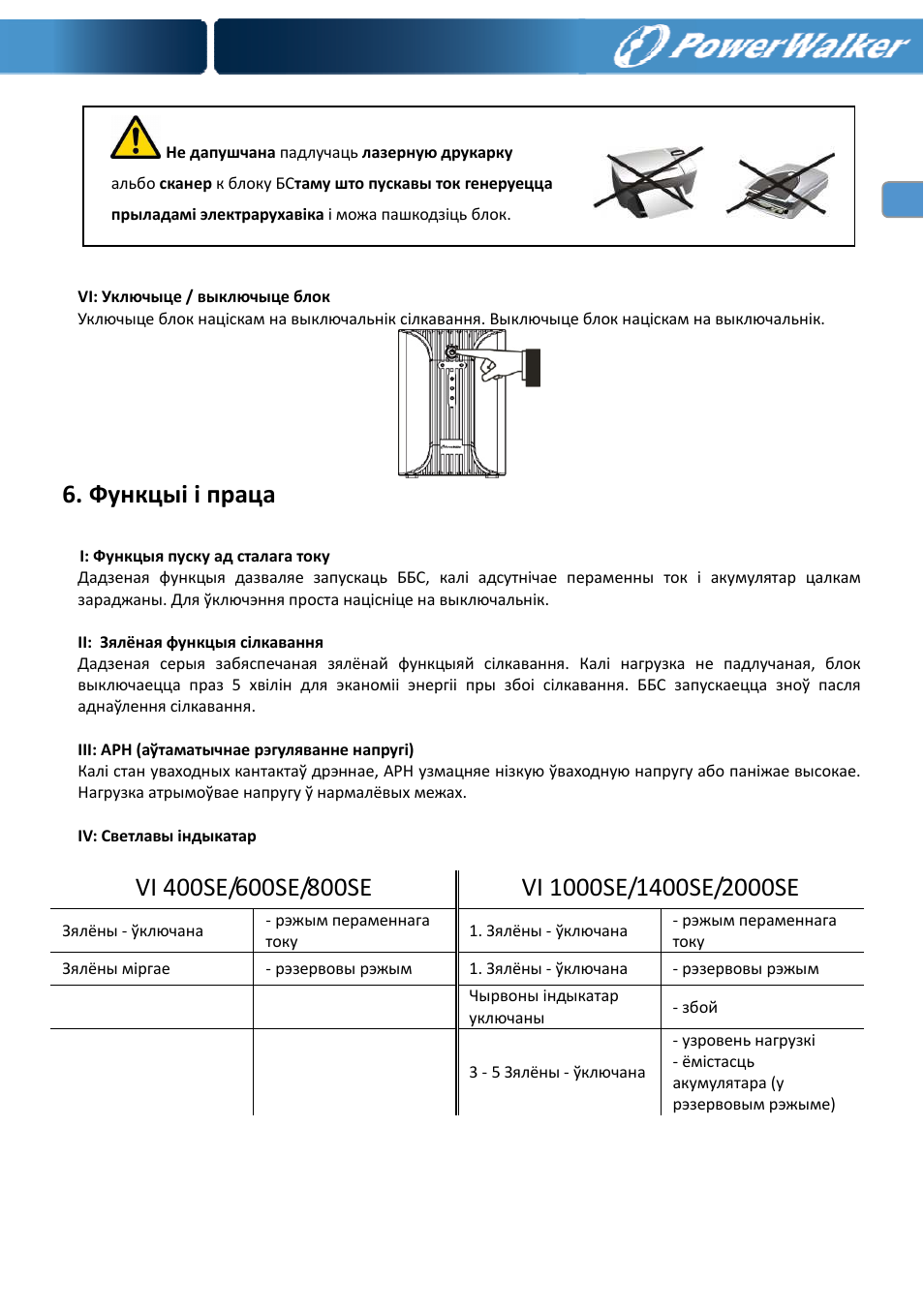 Функцыі і праца | PowerWalker VI 400 SE User Manual | Page 140 / 220