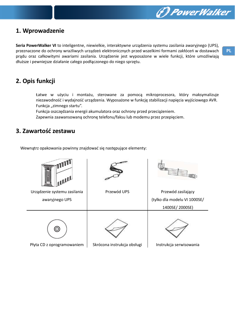 Wprowadzenie, Opis funkcji, Zawartość zestawu | PowerWalker VI 400 SE User Manual | Page 147 / 220