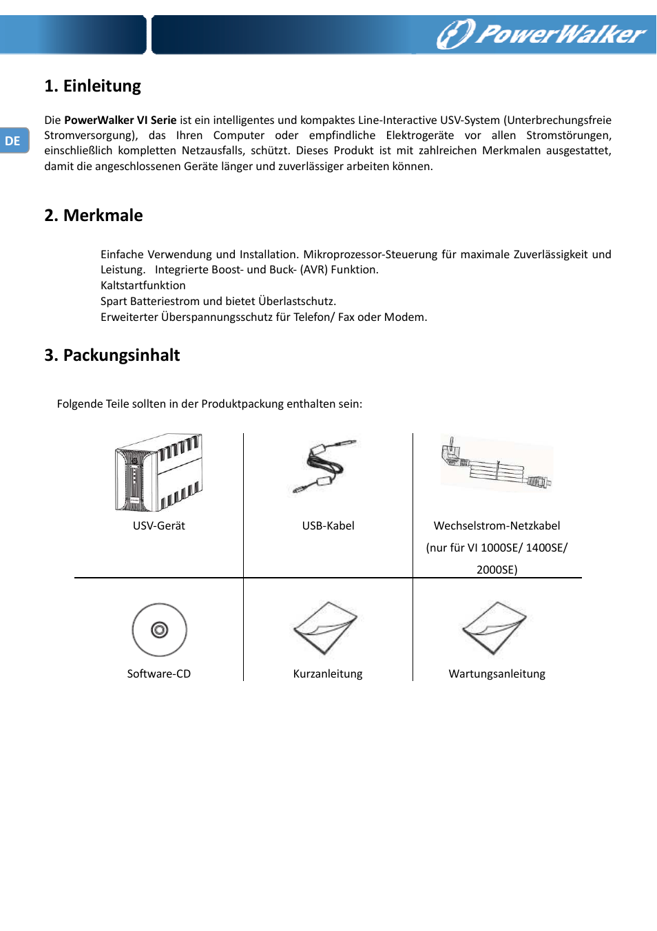 Einleitung, Merkmale, Packungsinhalt | PowerWalker VI 400 SE User Manual | Page 15 / 220