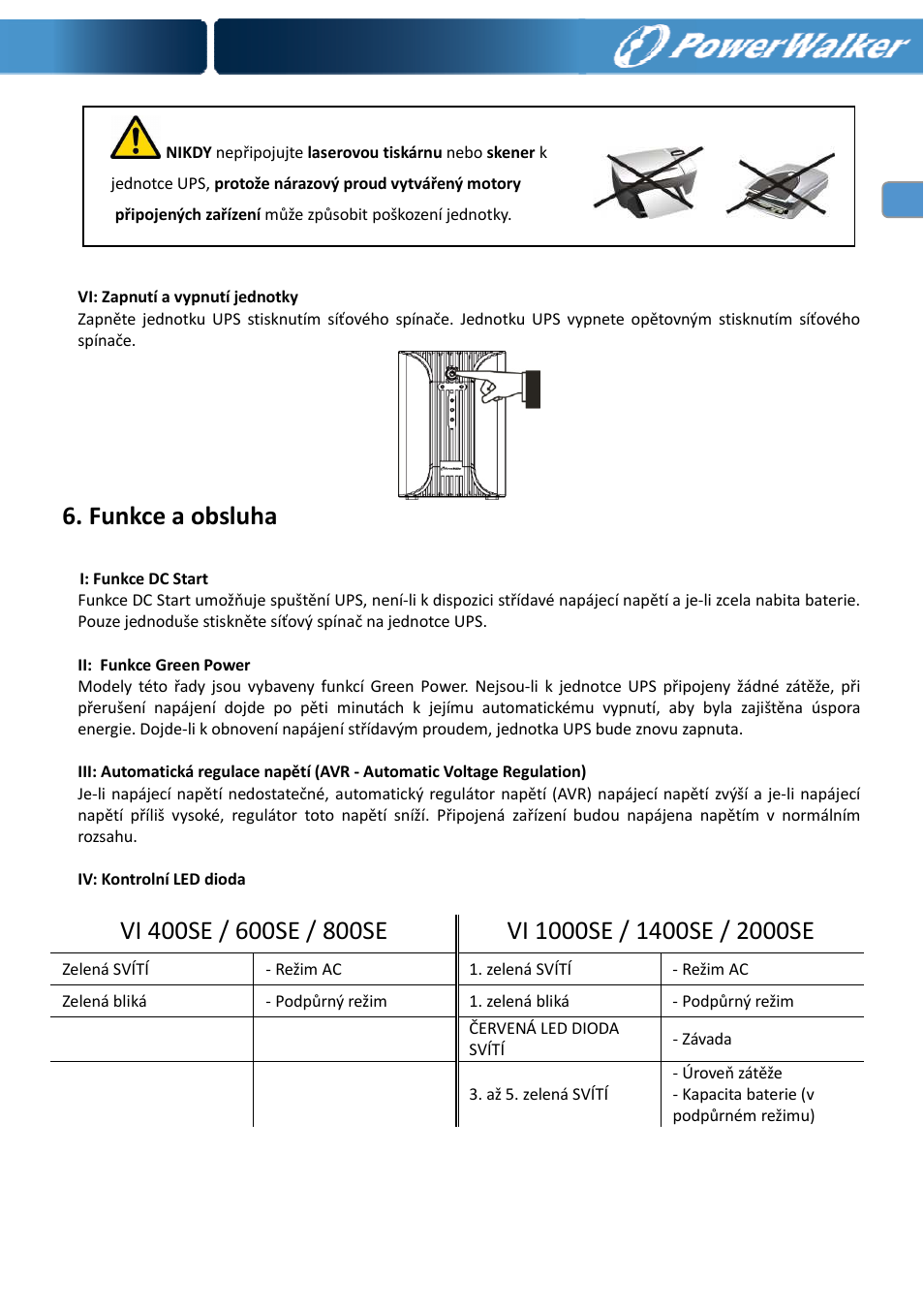 Funkce a obsluha | PowerWalker VI 400 SE User Manual | Page 162 / 220