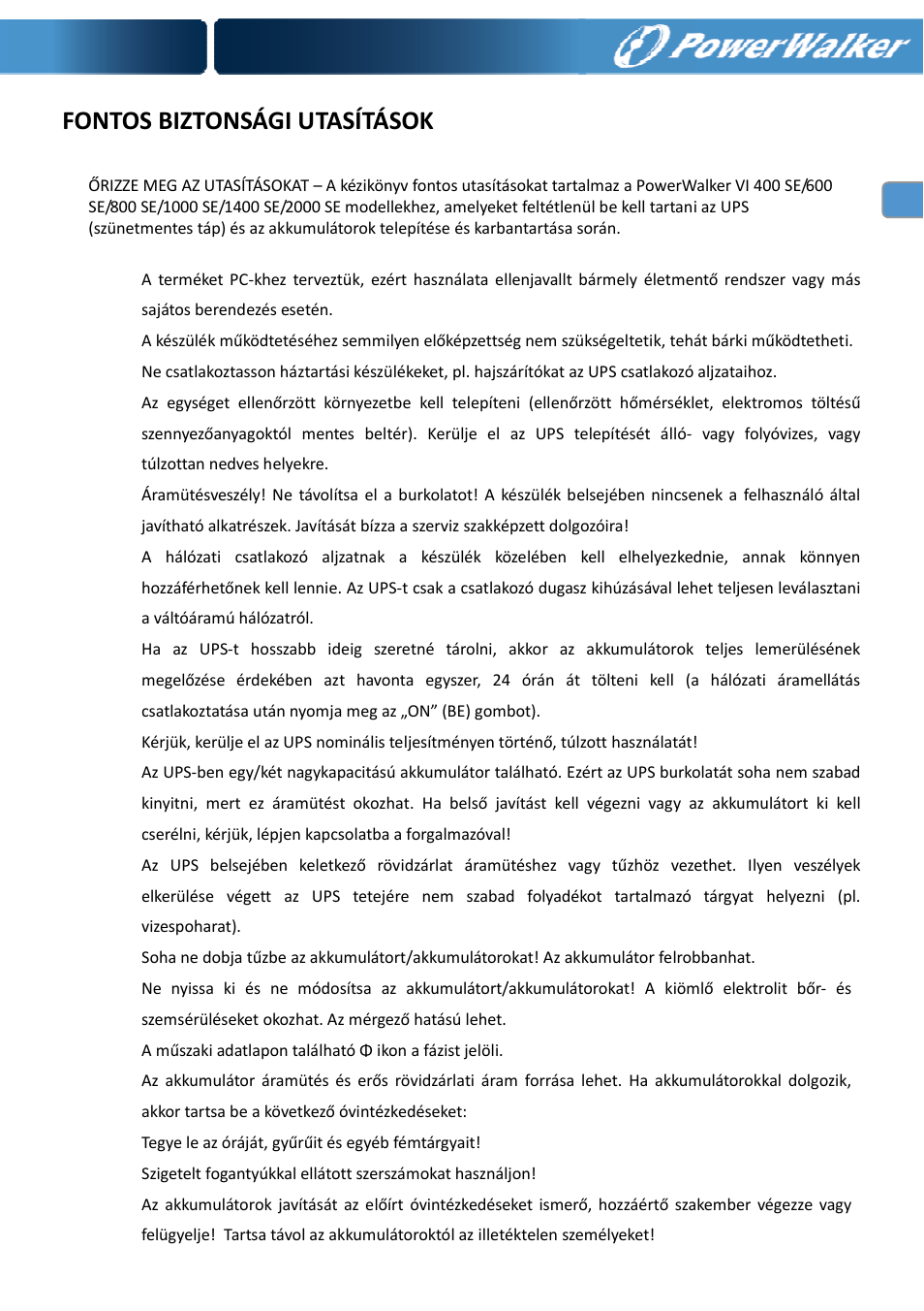 Fontos biztonsági utasítások | PowerWalker VI 400 SE User Manual | Page 178 / 220