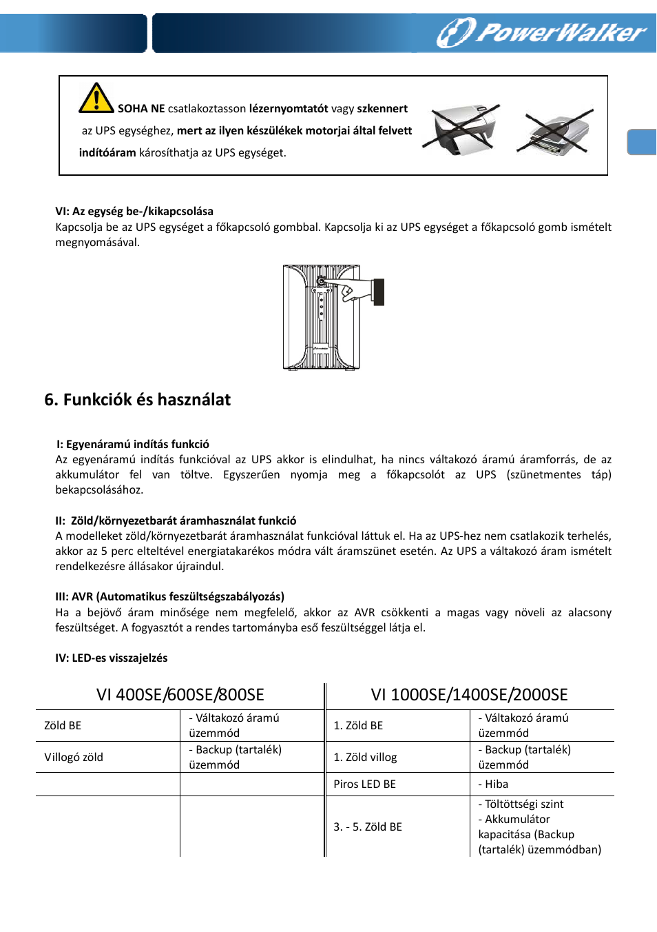 Funkciók és használat | PowerWalker VI 400 SE User Manual | Page 184 / 220