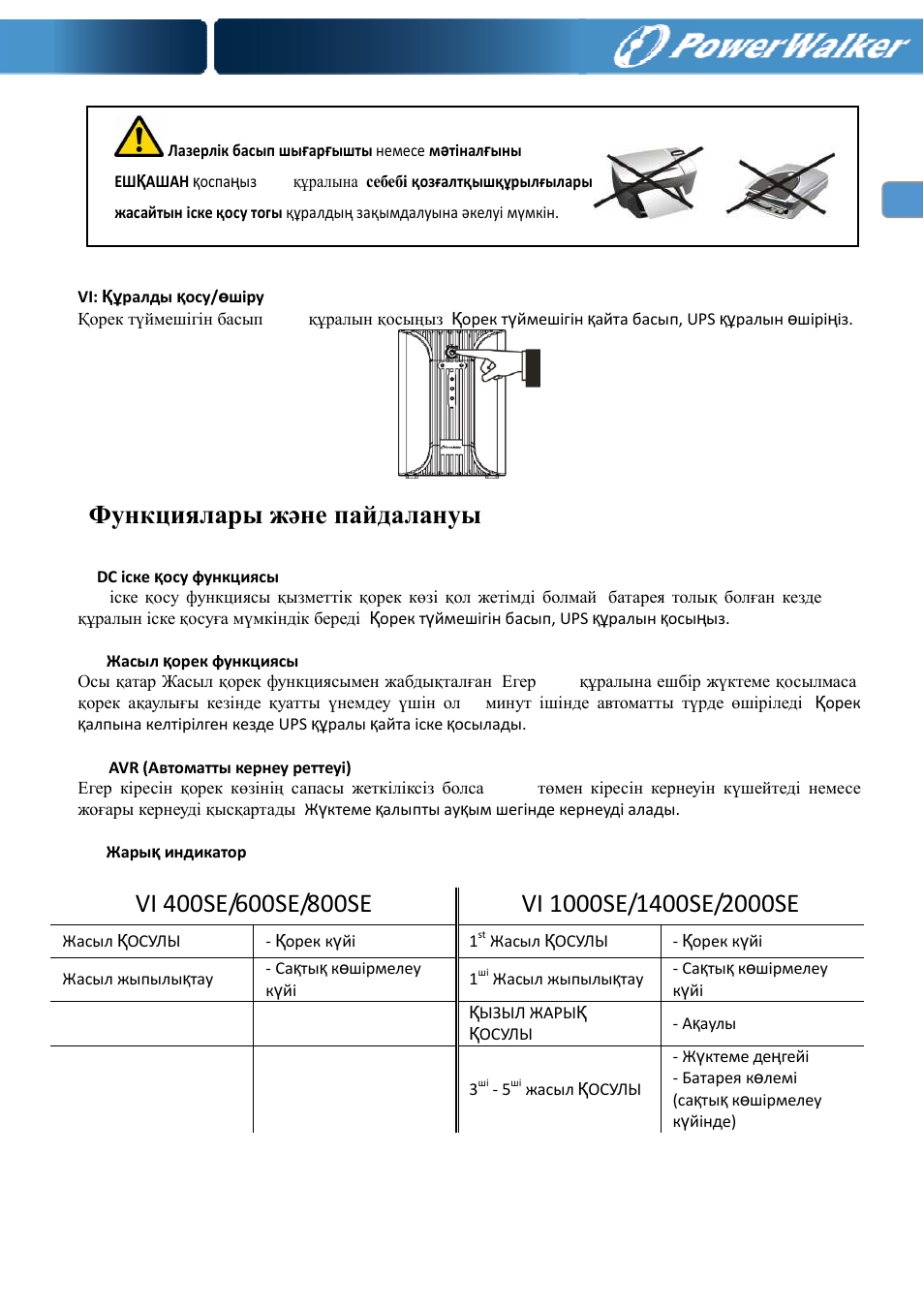 Функциялары жəне пайдалануы | PowerWalker VI 400 SE User Manual | Page 206 / 220