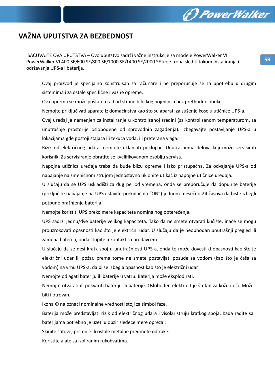 Važna uputstva za bezbednost | PowerWalker VI 400 SE User Manual | Page 211 / 220