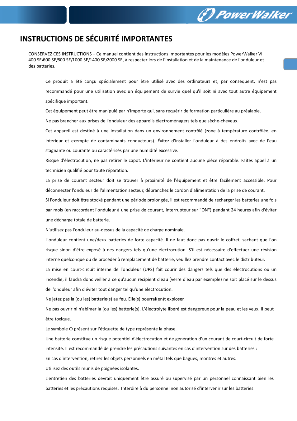 Instructions de sécurité importantes | PowerWalker VI 400 SE User Manual | Page 24 / 220