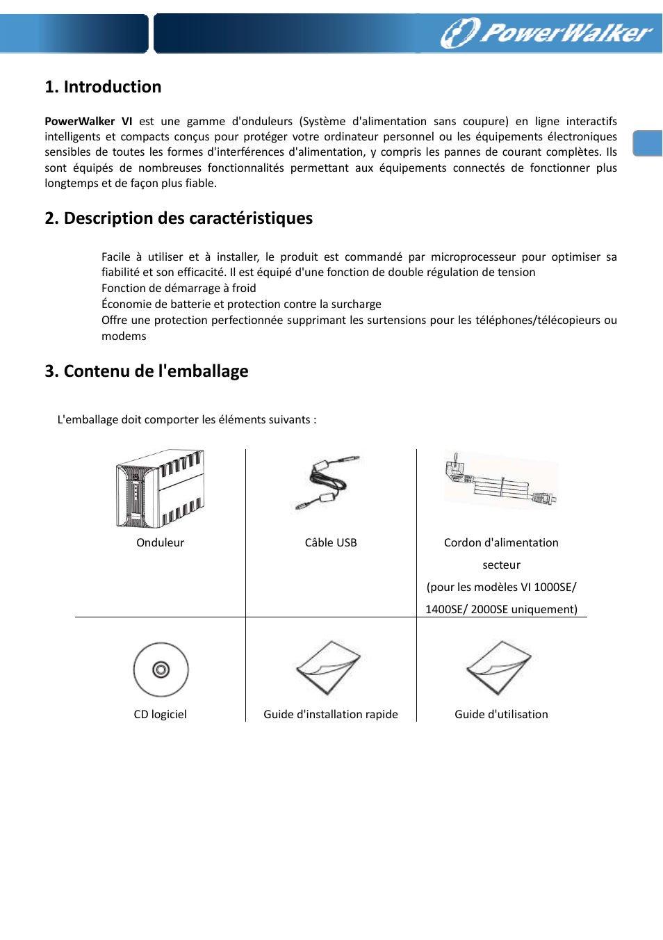 Introduction, Description des caractéristiques, Contenu de l'emballage | PowerWalker VI 400 SE User Manual | Page 26 / 220