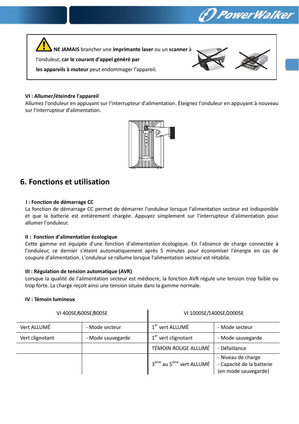 Fonctions et utilisation | PowerWalker VI 400 SE User Manual | Page 30 / 220