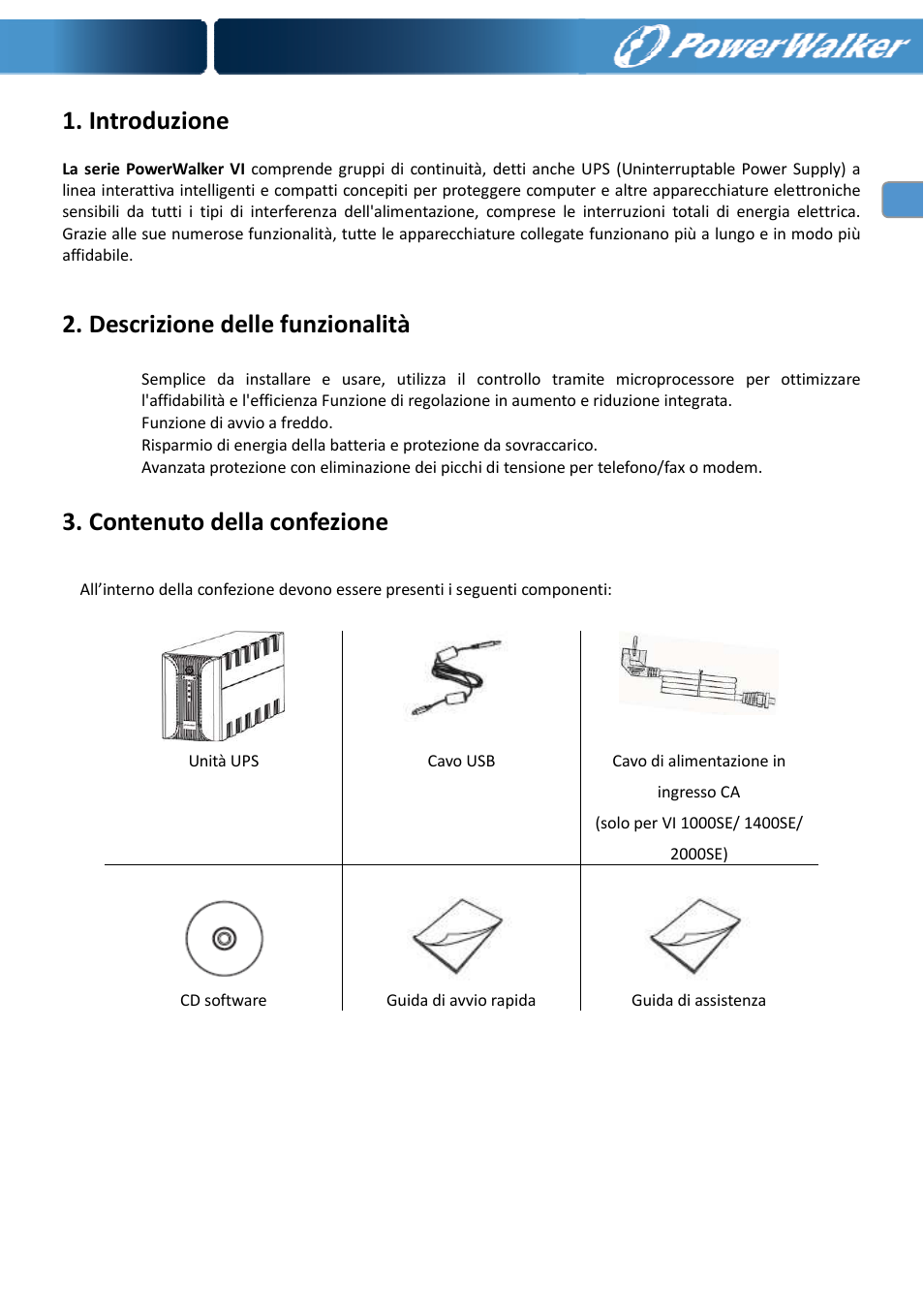 Introduzione, Descrizione delle funzionalità, Contenuto della confezione | PowerWalker VI 400 SE User Manual | Page 48 / 220