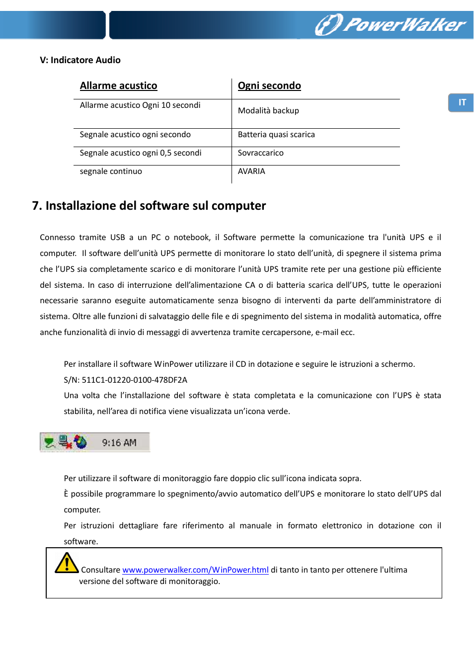 Installazione del software sul computer, Allarme acustico ogni secondo | PowerWalker VI 400 SE User Manual | Page 53 / 220