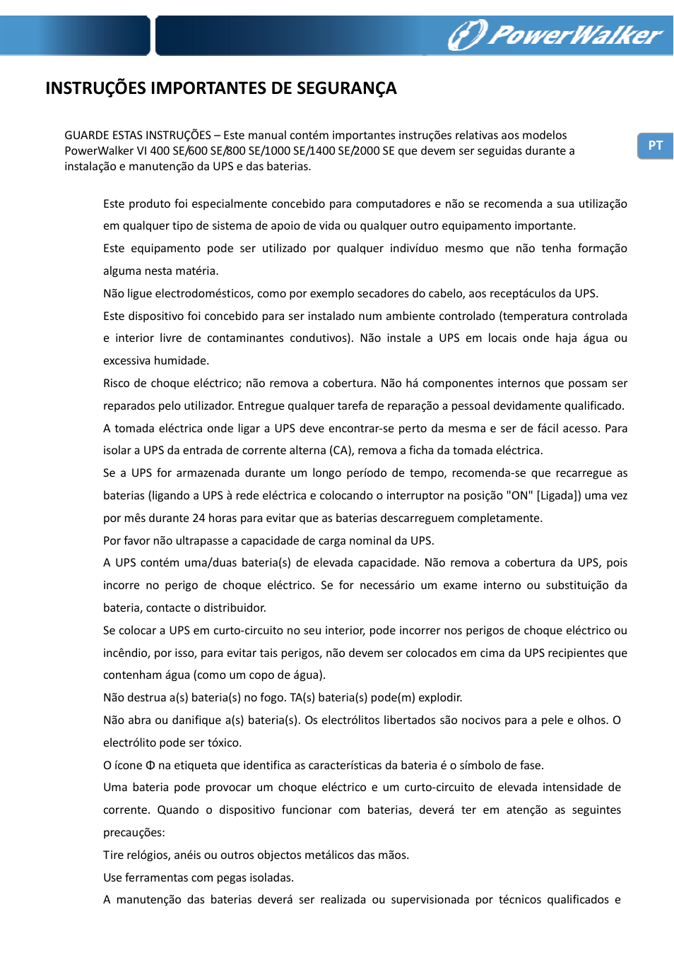 Instruções importantes de segurança | PowerWalker VI 400 SE User Manual | Page 57 / 220