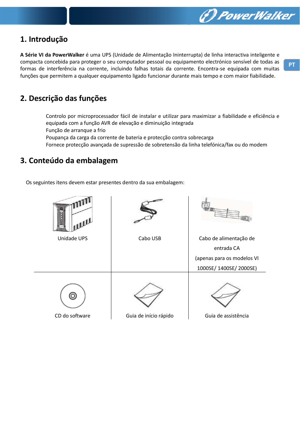 Introdução, Descrição das funções, Conteúdo da embalagem | PowerWalker VI 400 SE User Manual | Page 59 / 220