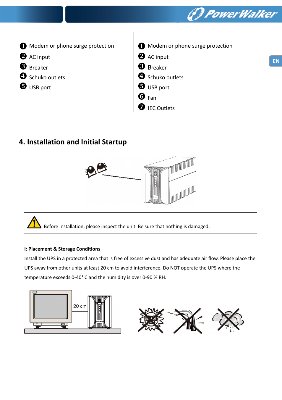 Installation and initial startup | PowerWalker VI 400 SE User Manual | Page 6 / 220