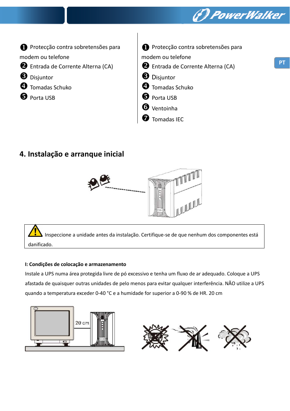 Instalação e arranque inicial | PowerWalker VI 400 SE User Manual | Page 61 / 220