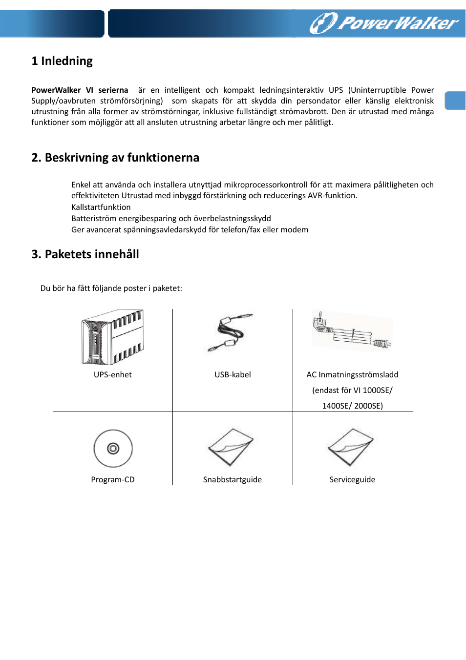 1 inledning, Beskrivning av funktionerna, Paketets innehåll | PowerWalker VI 400 SE User Manual | Page 70 / 220