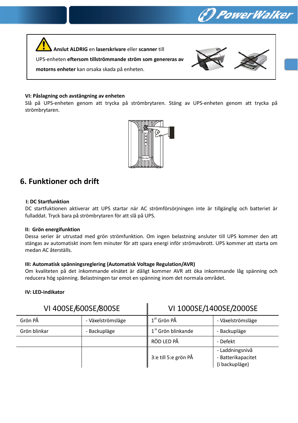 Funktioner och drift | PowerWalker VI 400 SE User Manual | Page 74 / 220