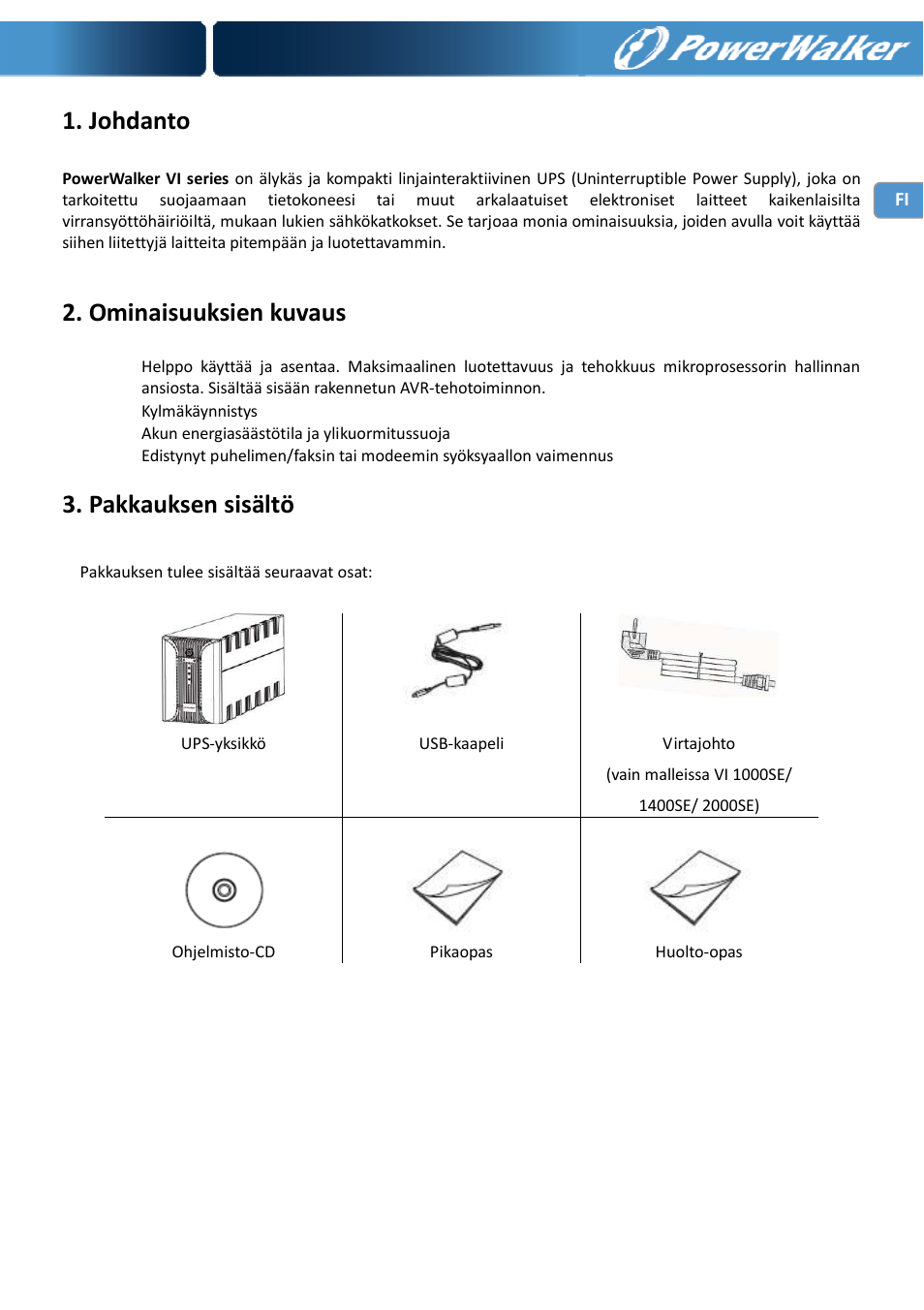 Johdanto, Ominaisuuksien kuvaus, Pakkauksen sisältö | PowerWalker VI 400 SE User Manual | Page 81 / 220