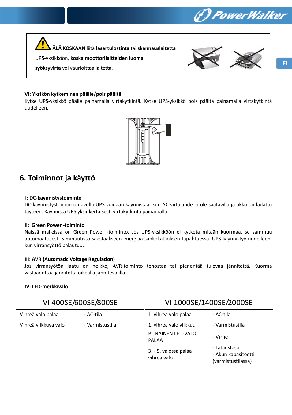 Toiminnot ja käyttö | PowerWalker VI 400 SE User Manual | Page 85 / 220