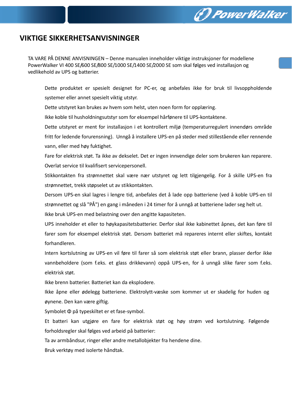 Viktige sikkerhetsanvisninger | PowerWalker VI 400 SE User Manual | Page 90 / 220