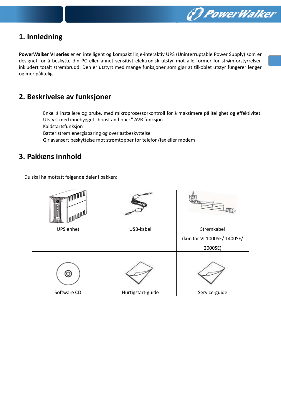 Innledning, Beskrivelse av funksjoner, Pakkens innhold | PowerWalker VI 400 SE User Manual | Page 92 / 220