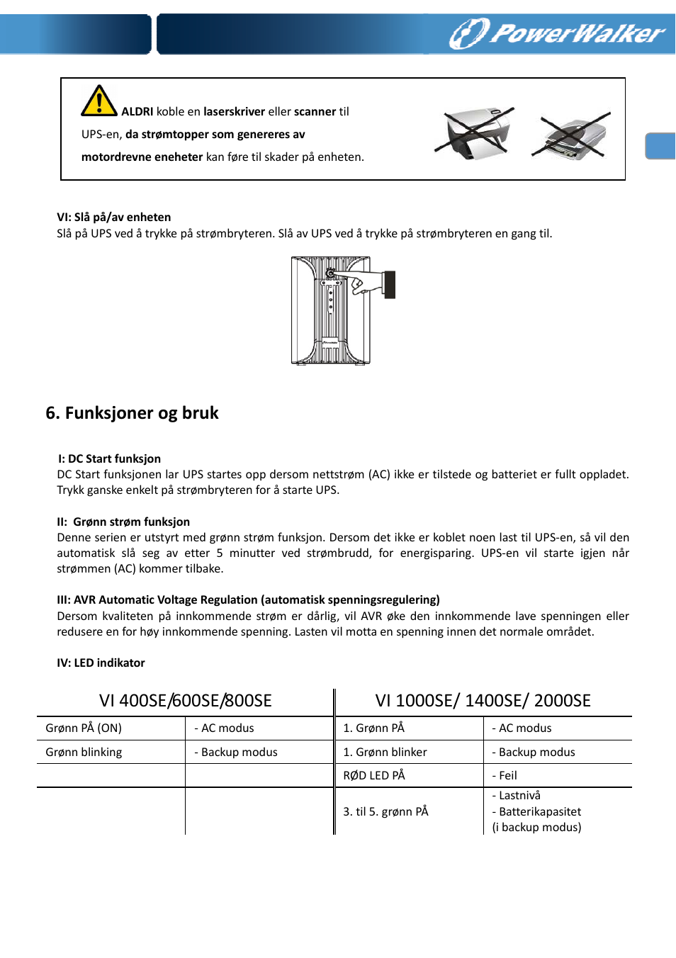 Funksjoner og bruk | PowerWalker VI 400 SE User Manual | Page 96 / 220