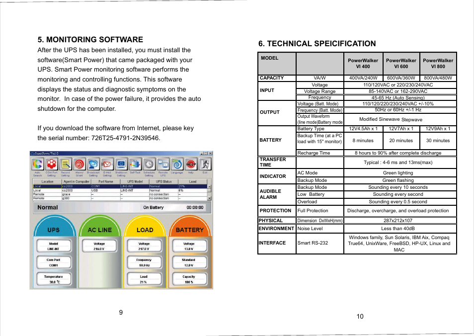 Monitoring software, Technical speicification | PowerWalker VI 400 IEC User Manual | Page 6 / 6