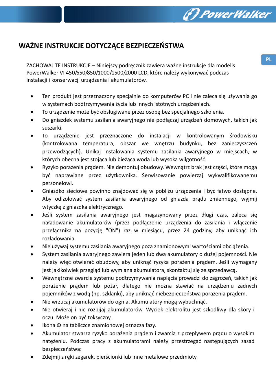 Ważne instrukcje dotyczące bezpieczeństwa | PowerWalker VI 650 LCD User Manual | Page 116 / 183