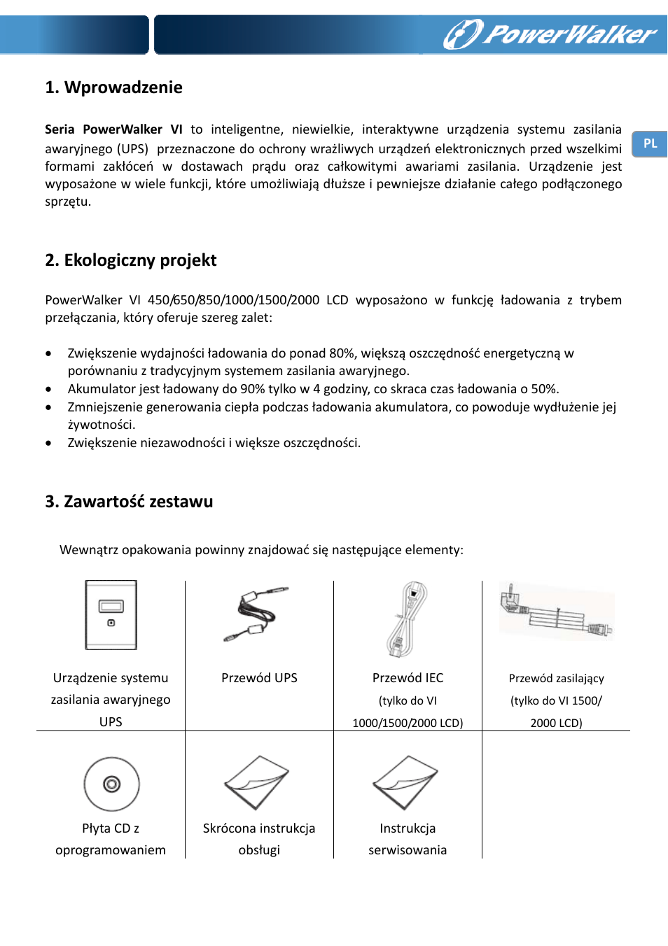 Wprowadzenie, Ekologiczny projekt, Zawartość zestawu | PowerWalker VI 650 LCD User Manual | Page 118 / 183