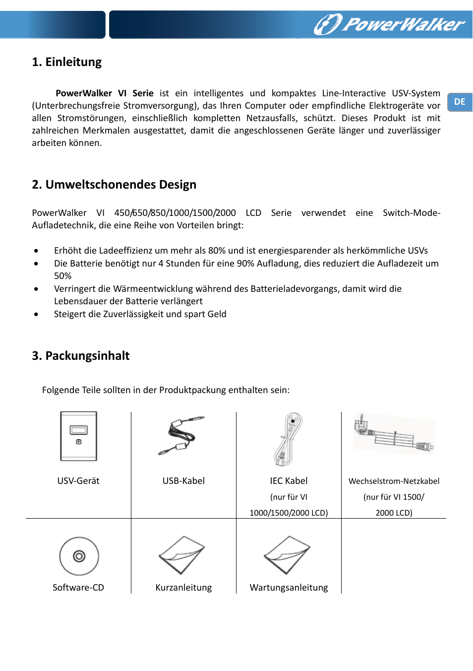 Einleitung, Umweltschonendes design, Packungsinhalt | PowerWalker VI 650 LCD User Manual | Page 12 / 183