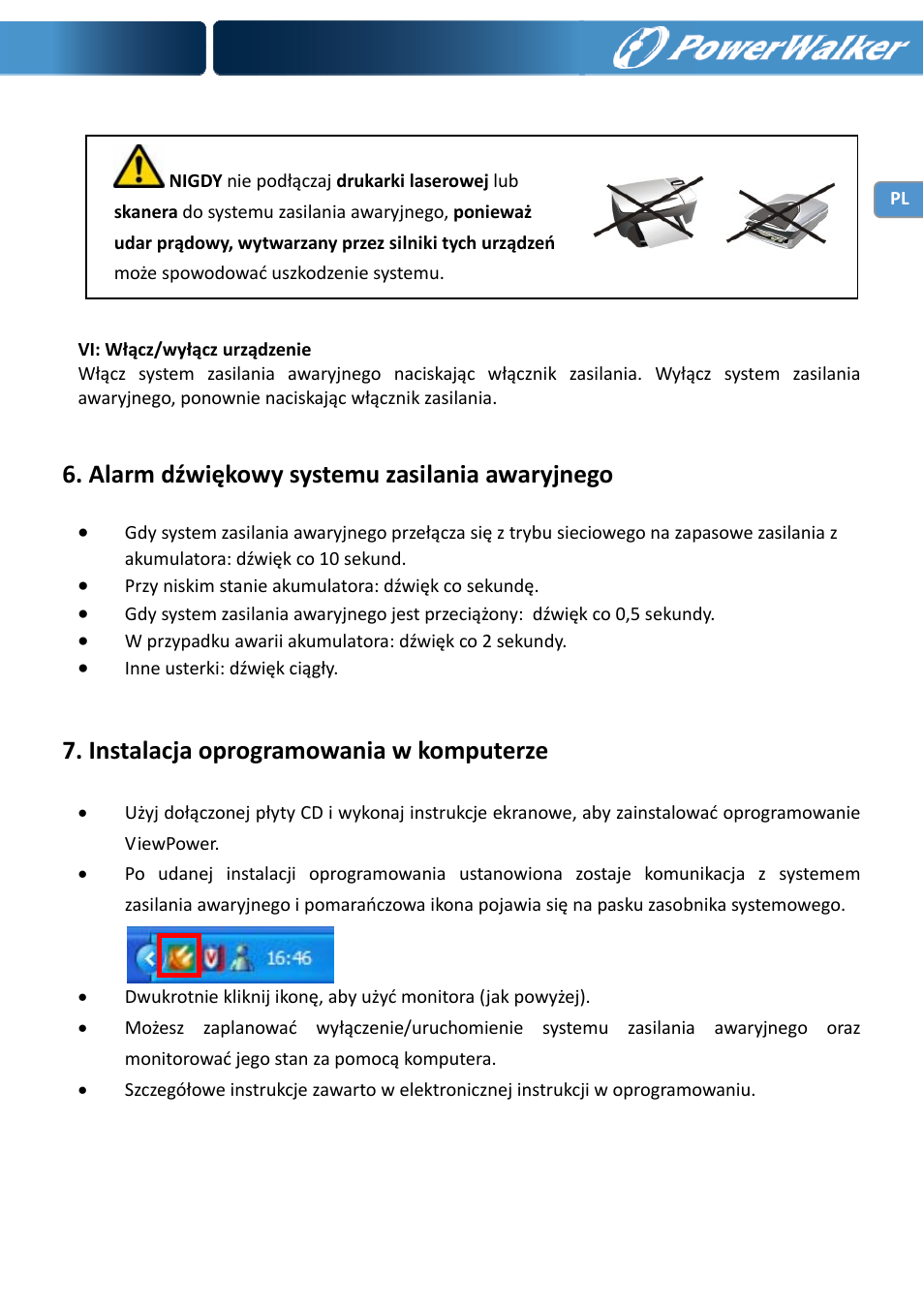 Alarm dźwiękowy systemu zasilania awaryjnego, Instalacja oprogramowania w komputerze | PowerWalker VI 650 LCD User Manual | Page 121 / 183