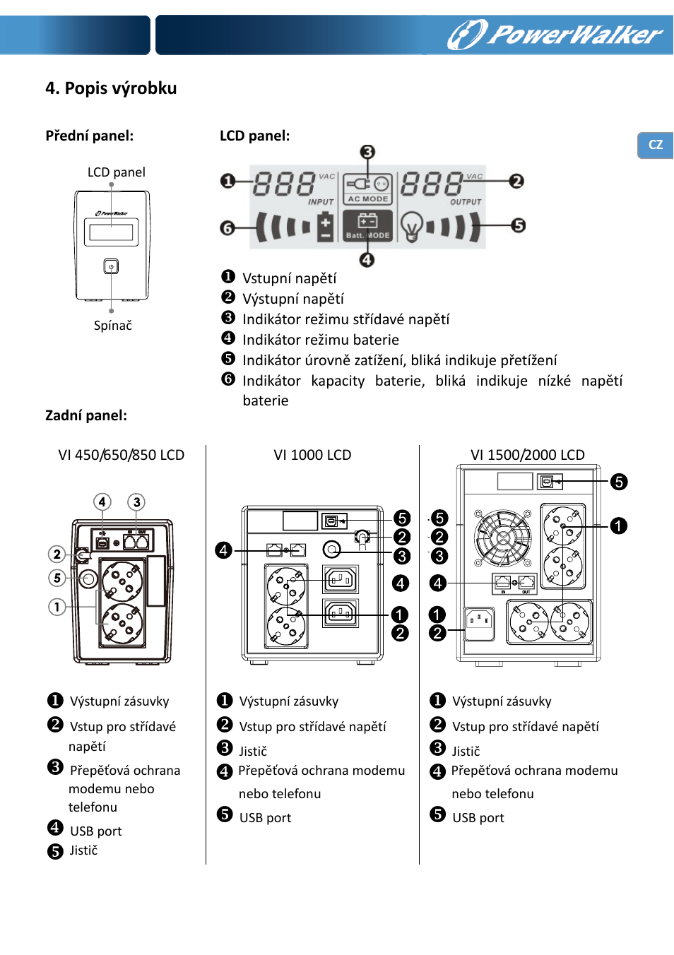 Popis výrobku | PowerWalker VI 650 LCD User Manual | Page 129 / 183