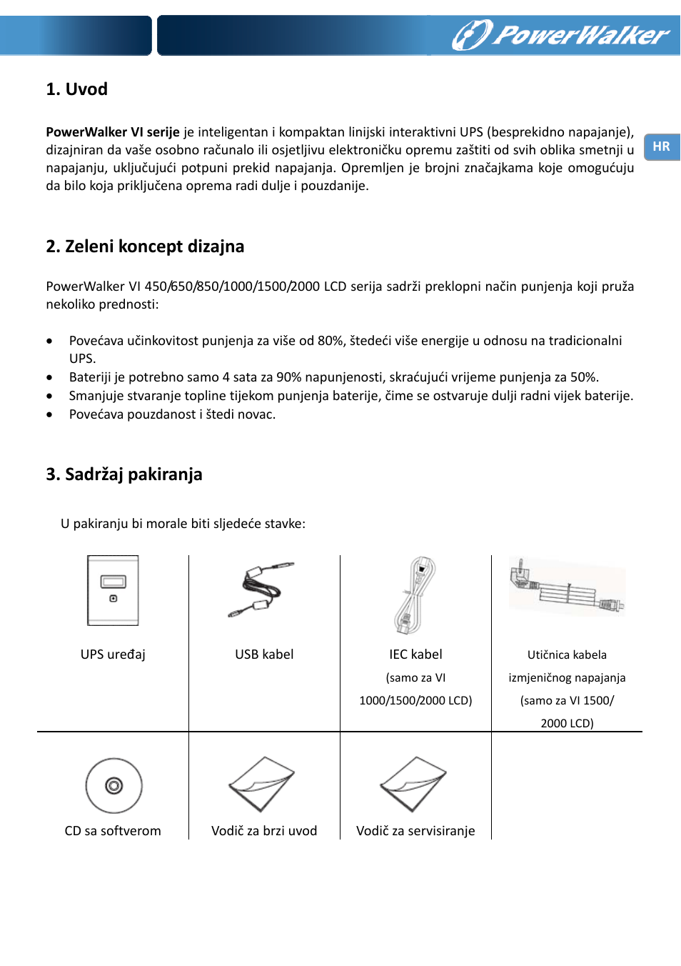 Uvod, Zeleni koncept dizajna, Sadržaj pakiranja | PowerWalker VI 650 LCD User Manual | Page 138 / 183