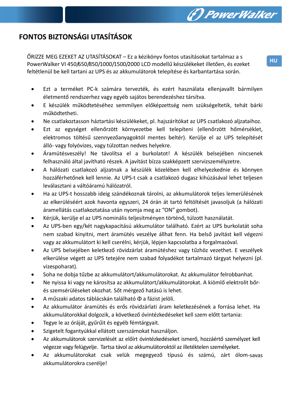Fontos biztonsági utasítások | PowerWalker VI 650 LCD User Manual | Page 146 / 183