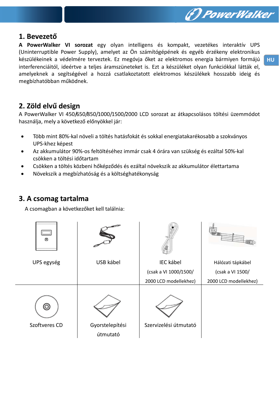 Bevezető, Zöld elvű design, A csomag tartalma | PowerWalker VI 650 LCD User Manual | Page 148 / 183