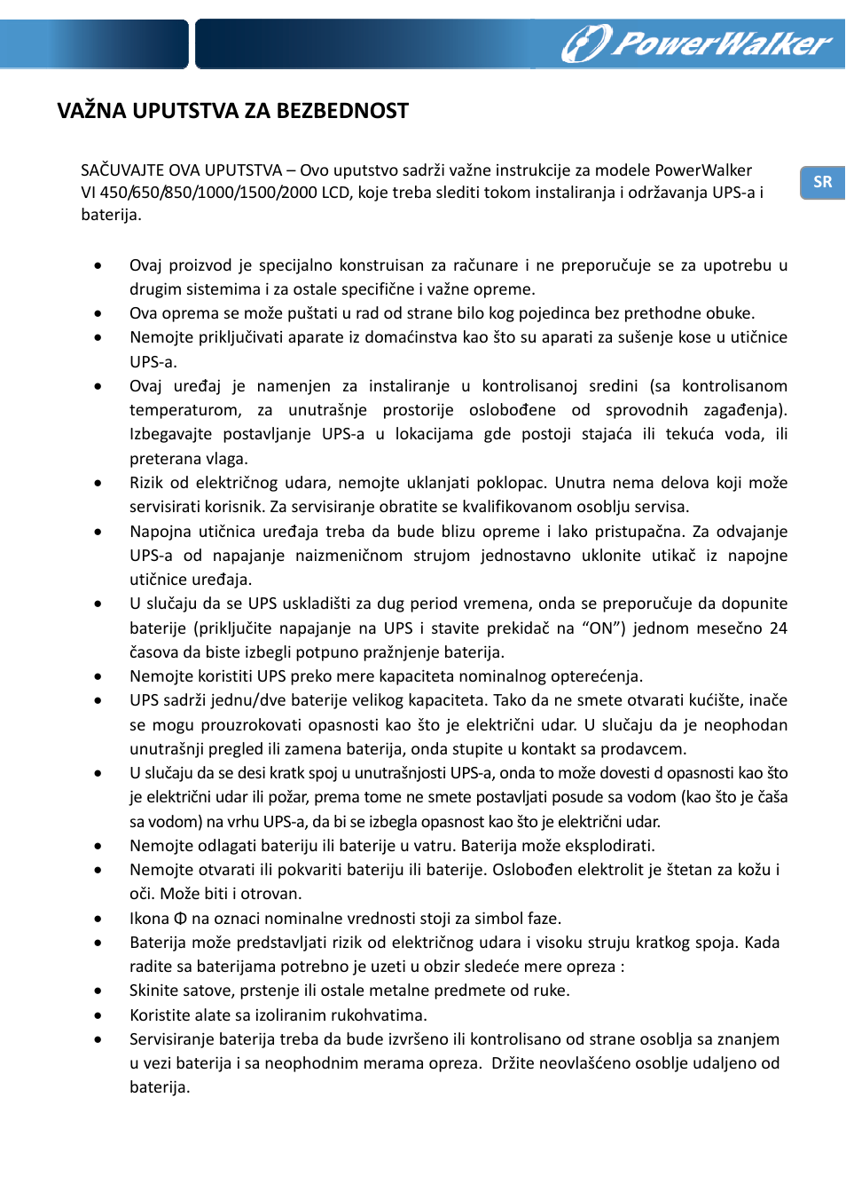 Važna uputstva za bezbednost | PowerWalker VI 650 LCD User Manual | Page 176 / 183
