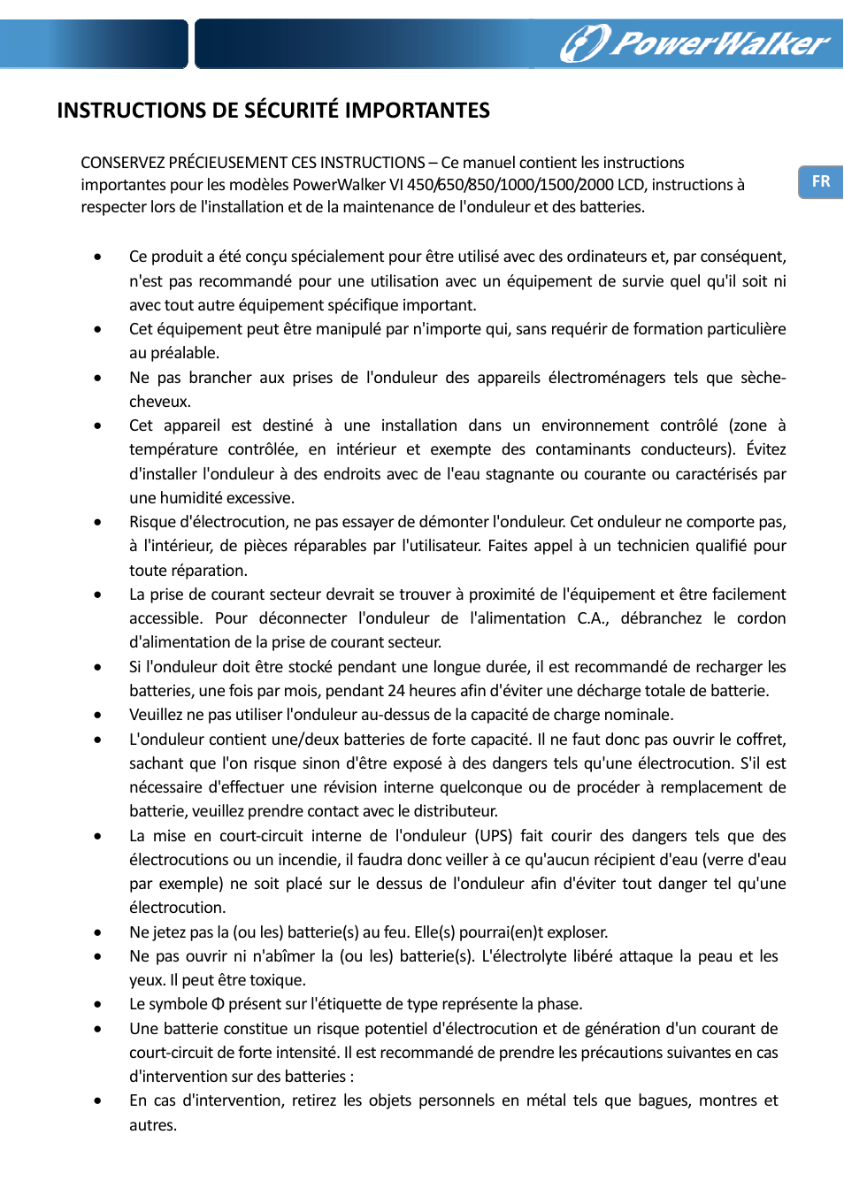 Instructions de sécurité importantes | PowerWalker VI 650 LCD User Manual | Page 18 / 183
