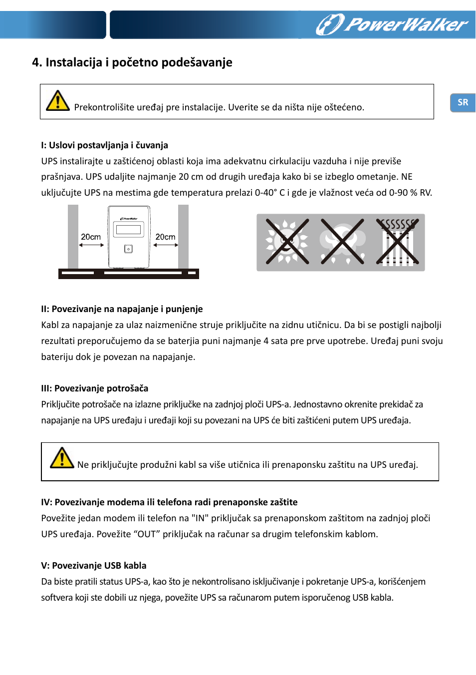 Instalacija i početno podešavanje | PowerWalker VI 650 LCD User Manual | Page 180 / 183