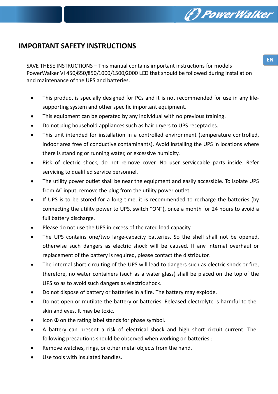 Important safety instructions | PowerWalker VI 650 LCD User Manual | Page 2 / 183